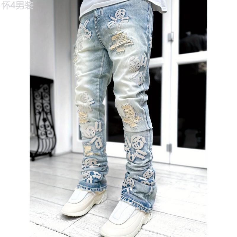 Mens Bold Letter Embroidered Jeans Fashion-Forward Chic Street Style - Timeless Retro Denim Pants Menswear Polyester