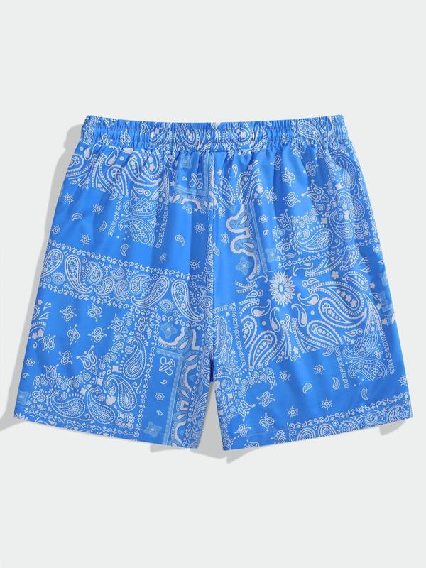 Men's Random Paisley Pattern Pocket Shorts, Boho Drawstring Waist Shorts for Summer Beach Vacation, Mens Bottoms for Daily Wear