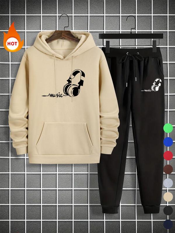 Men's Letter Print Pocket Hoodie & Drawstring Waist Sweatpants Two-piece Set, Casual Regular Fit Long Sleeve Hooded Sweatshirt & Jogger Pants for Fall & Winter, Men's Two-piece Outfits for Daily Wear