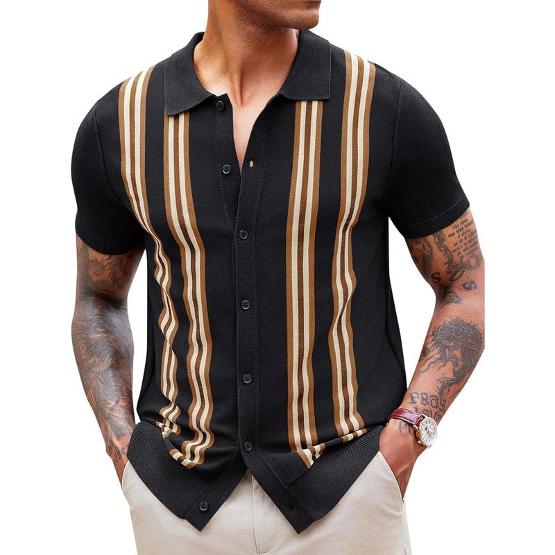 Runcati Mens Knit Polo Shirts Striped Vintage Short Sleeve Shirt Button Down Casual Slim Fit Sweater