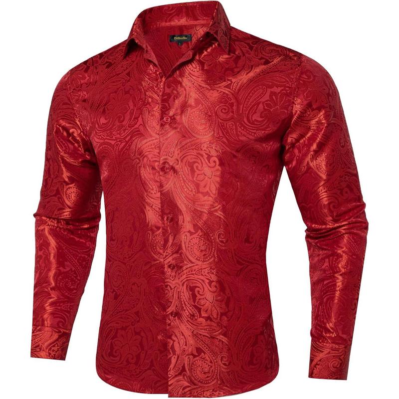 Silk Paisley Dress Shirts for Men Long Sleeve Button Down Shirt Casual Regular Fit Mens Shirts Wedding Party