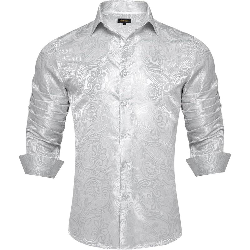 Silk Paisley Dress Shirts for Men Long Sleeve Button Down Shirt Casual Regular Fit Mens Shirts Wedding Party