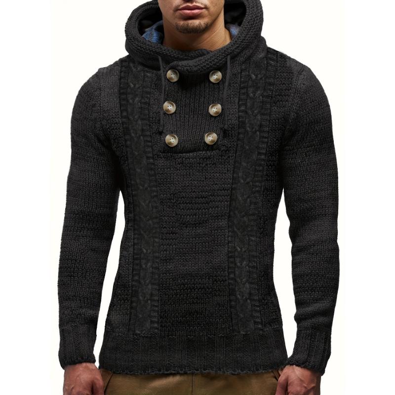 PLUS SIZE Mens Luxurious Hooded Knit Sweater with Button Detail - Super Comfy, Slightly Stretchy Casual Tops for Stylish Comfort - Premium Mens Clothing