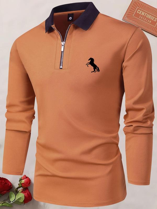 Men's Horse Print Quarter Zipper Polo Shirt, Streetwear Contrast Collar Longsleeves Polo Shirt, Polo Shirts Men, Men's Drippy Outfits, Stylish Going Out Outfit, Polo Clothes, Work Clothes for Office, Business Casual Outfits