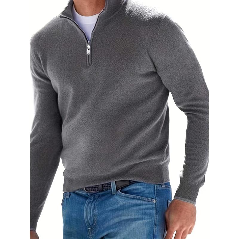 Long Sleeve High Stretch Knitted Sweater - Men's Solid Color Stand Collar Zipper Sweater for Spring Fall - Old Money Style, Comfortable and Versatile