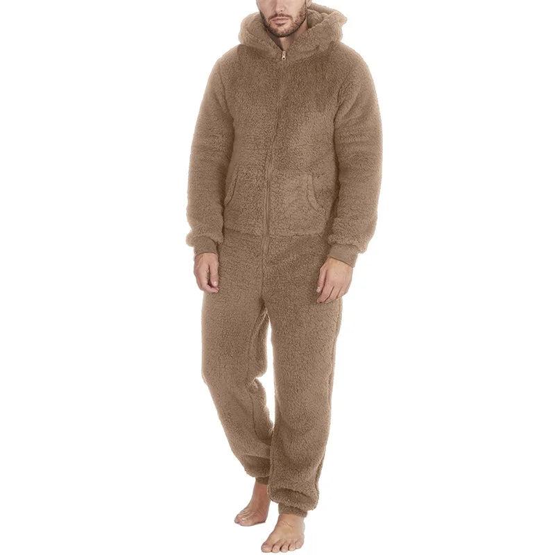 Men’s Cozy Fleece Hooded Jumpsuit -Adult Onesie| Full-Length Zipper Pajamas for Winter & Fall ❄️ Warm Sleepwear Comfort