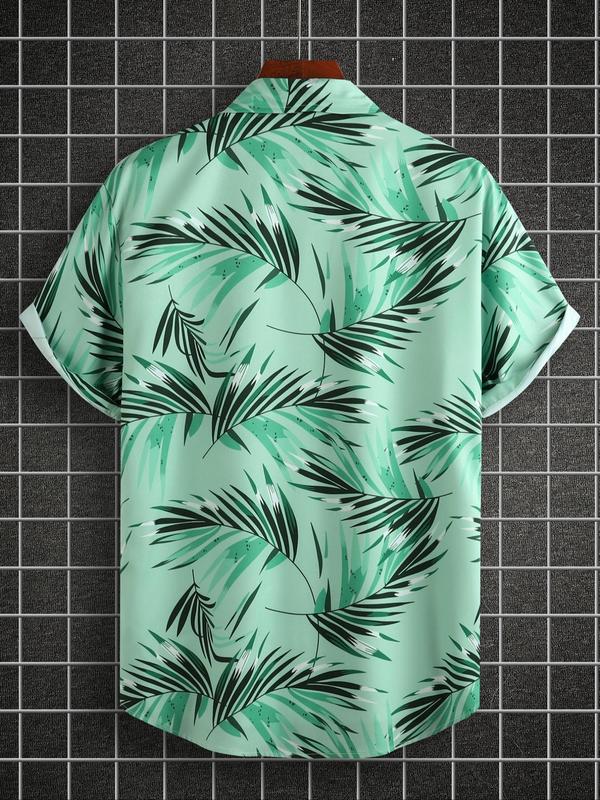 Men's Regular Fit Palm Leaf Print Pocket Button Front Shirt without Tee & Necklace, Boho Casual Short Sleeve Top for Beach Vacation, Menswear for Summer