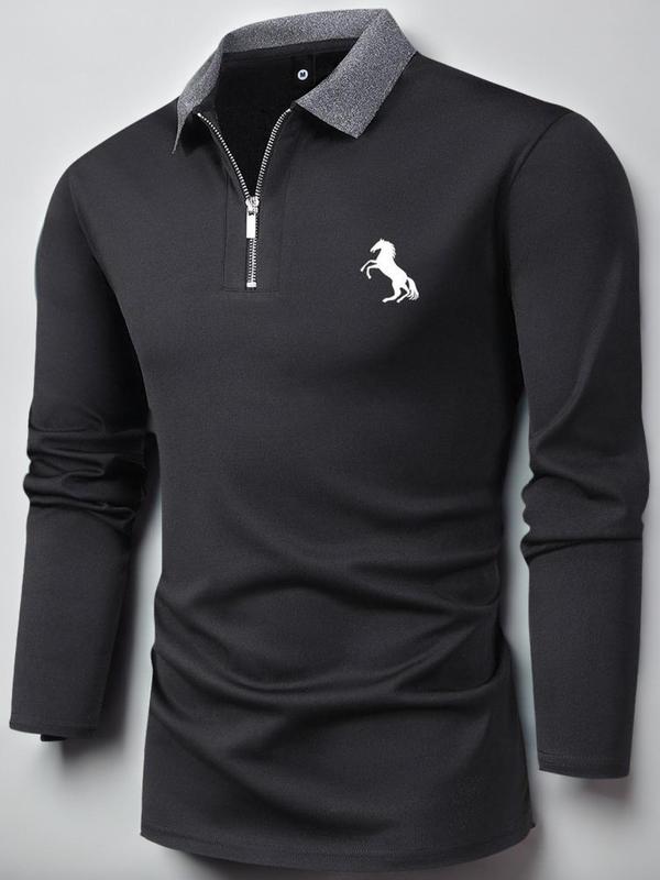 Men's Horse Print Quarter Zipper Polo Shirt, Streetwear Contrast Collar Longsleeves Polo Shirt, Polo Shirts Men, Men's Drippy Outfits, Stylish Going Out Outfit, Polo Clothes, Work Clothes for Office, Business Casual Outfits