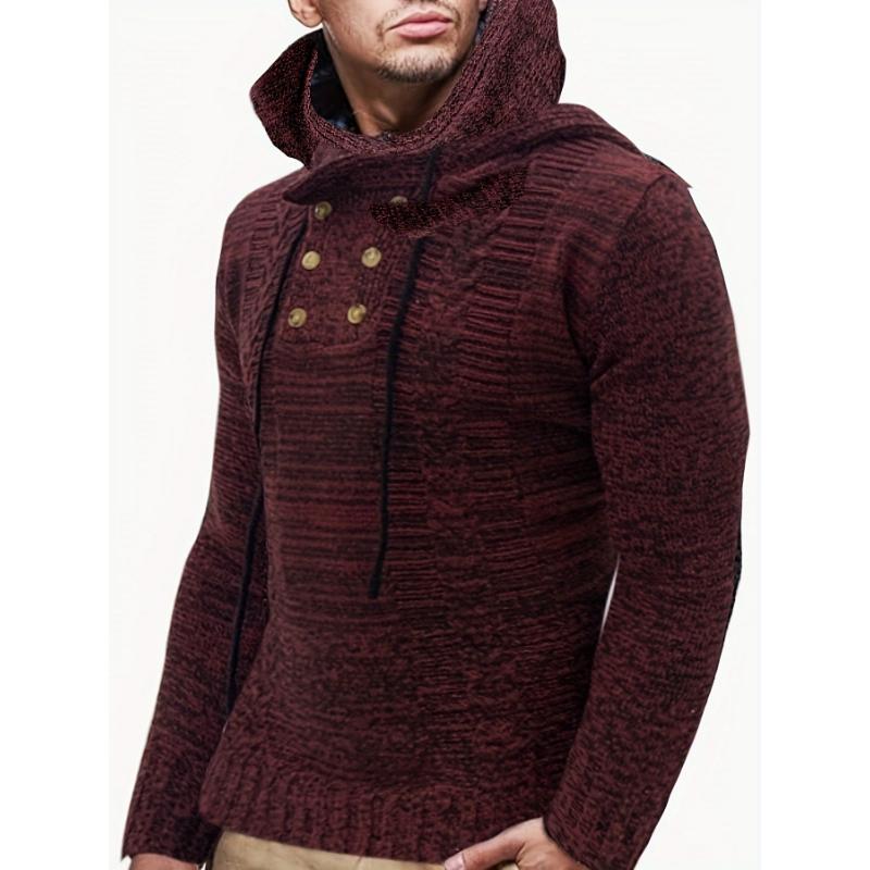 PLUS SIZE Mens Luxurious Hooded Knit Sweater with Button Detail - Super Comfy, Slightly Stretchy Casual Tops for Stylish Comfort - Premium Mens Clothing