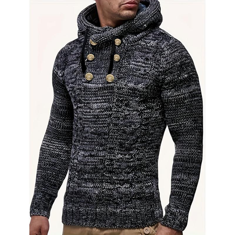 PLUS SIZE Mens Luxurious Hooded Knit Sweater with Button Detail - Super Comfy, Slightly Stretchy Casual Tops for Stylish Comfort - Premium Mens Clothing