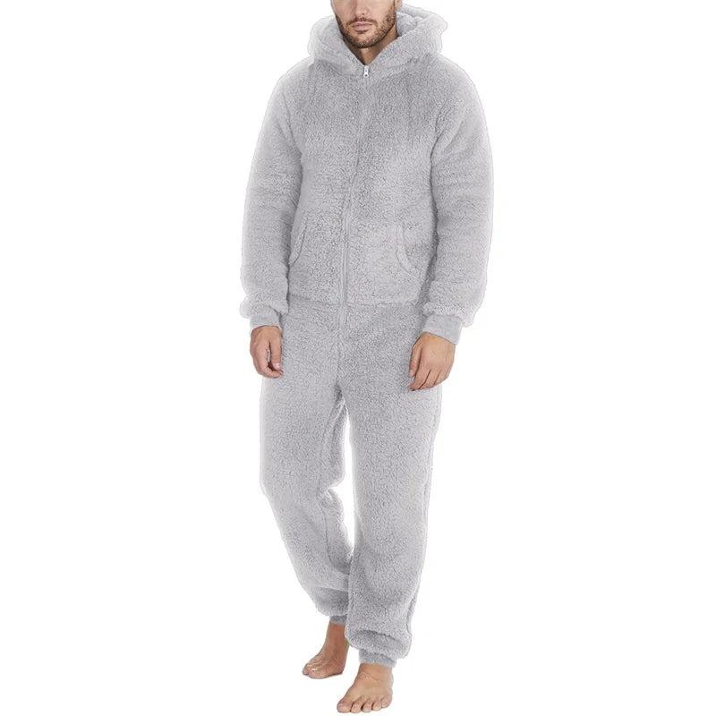 Men’s Cozy Fleece Hooded Jumpsuit -Adult Onesie| Full-Length Zipper Pajamas for Winter & Fall ❄️ Warm Sleepwear Comfort