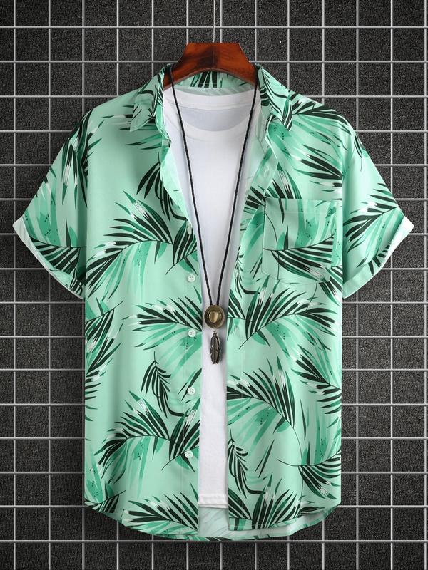 Men's Regular Fit Palm Leaf Print Pocket Button Front Shirt without Tee & Necklace, Boho Casual Short Sleeve Top for Beach Vacation, Menswear for Summer