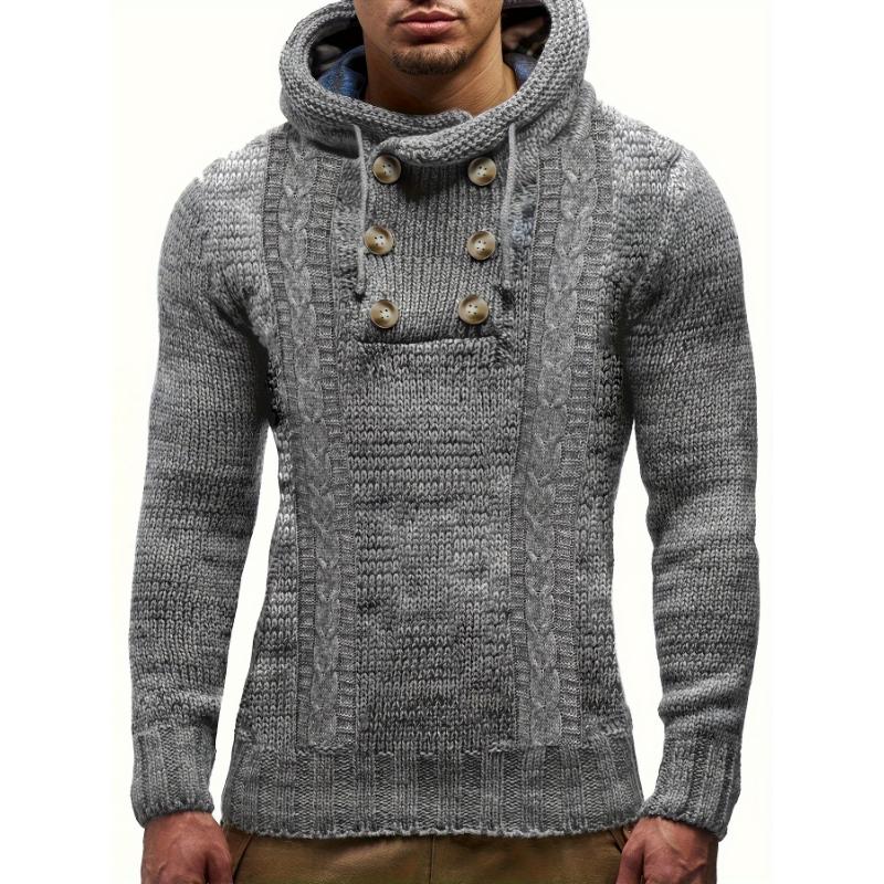 PLUS SIZE Mens Luxurious Hooded Knit Sweater with Button Detail - Super Comfy, Slightly Stretchy Casual Tops for Stylish Comfort - Premium Mens Clothing