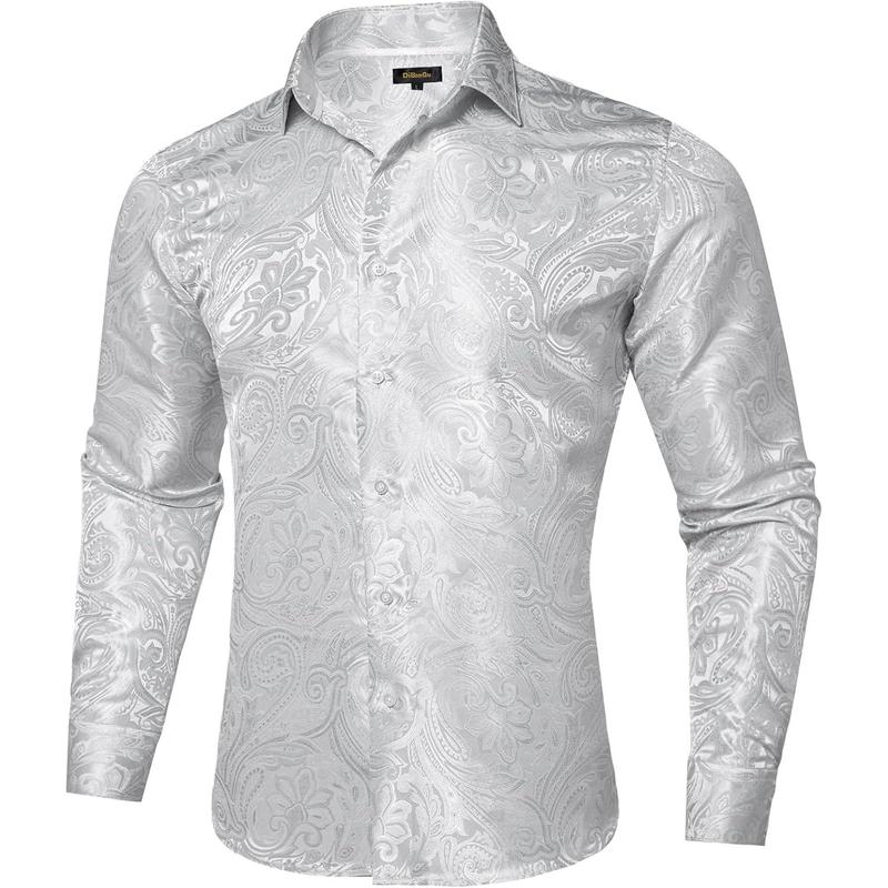 Silk Paisley Dress Shirts for Men Long Sleeve Button Down Shirt Casual Regular Fit Mens Shirts Wedding Party