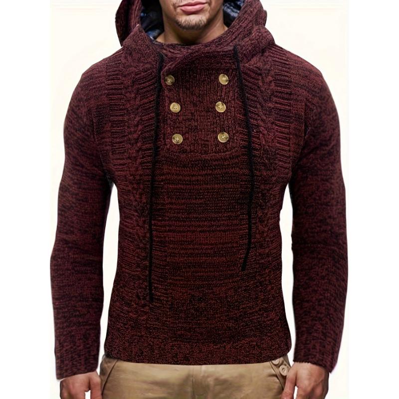 PLUS SIZE Mens Luxurious Hooded Knit Sweater with Button Detail - Super Comfy, Slightly Stretchy Casual Tops for Stylish Comfort - Premium Mens Clothing