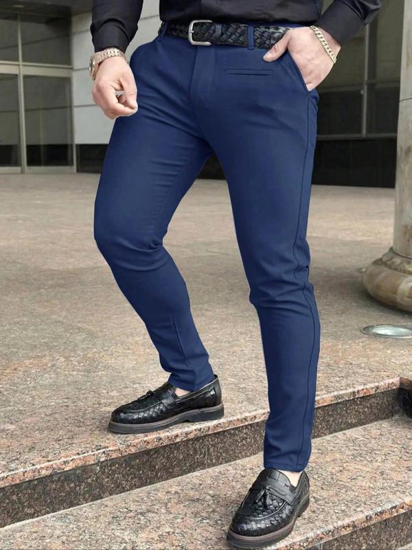 Men's Solid Button Fly Skinny Pants, Regular Fit Casual Comfy Pocket Trousers for Work Office Business Daily Wear, Men's Bottoms for All Seasons