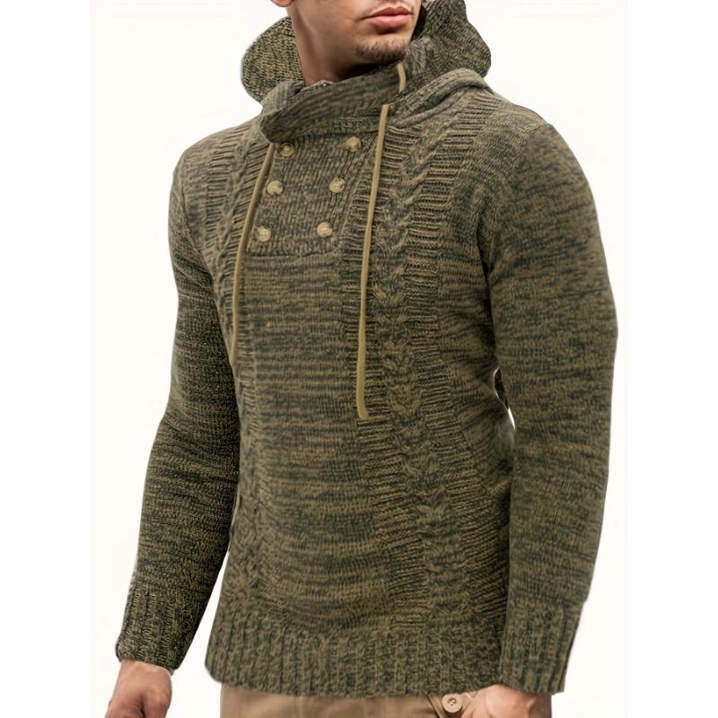 PLUS SIZE Mens Luxurious Hooded Knit Sweater with Button Detail - Super Comfy, Slightly Stretchy Casual Tops for Stylish Comfort - Premium Mens Clothing