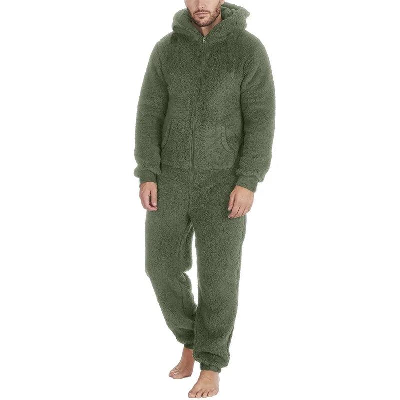 Men’s Cozy Fleece Hooded Jumpsuit -Adult Onesie| Full-Length Zipper Pajamas for Winter & Fall ❄️ Warm Sleepwear Comfort