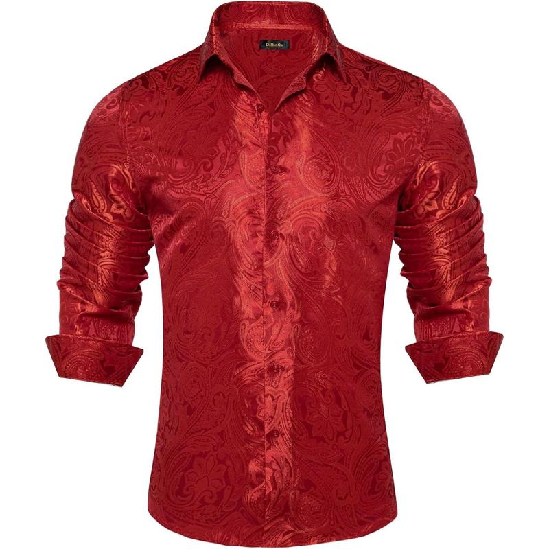 Silk Paisley Dress Shirts for Men Long Sleeve Button Down Shirt Casual Regular Fit Mens Shirts Wedding Party