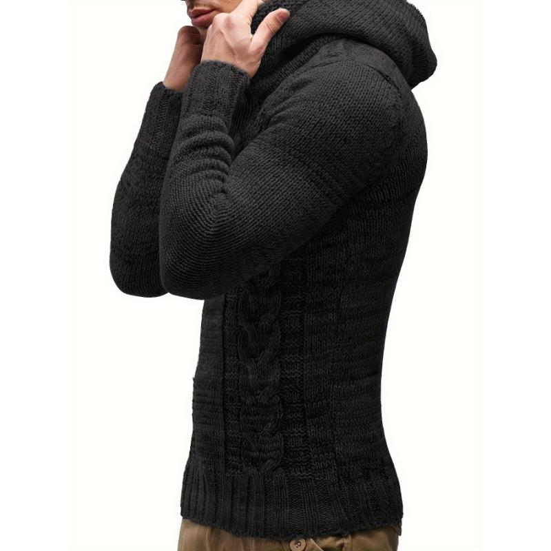 PLUS SIZE Mens Luxurious Hooded Knit Sweater with Button Detail - Super Comfy, Slightly Stretchy Casual Tops for Stylish Comfort - Premium Mens Clothing