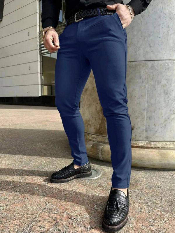 Men's Solid Button Fly Skinny Pants, Regular Fit Casual Comfy Pocket Trousers for Work Office Business Daily Wear, Men's Bottoms for All Seasons