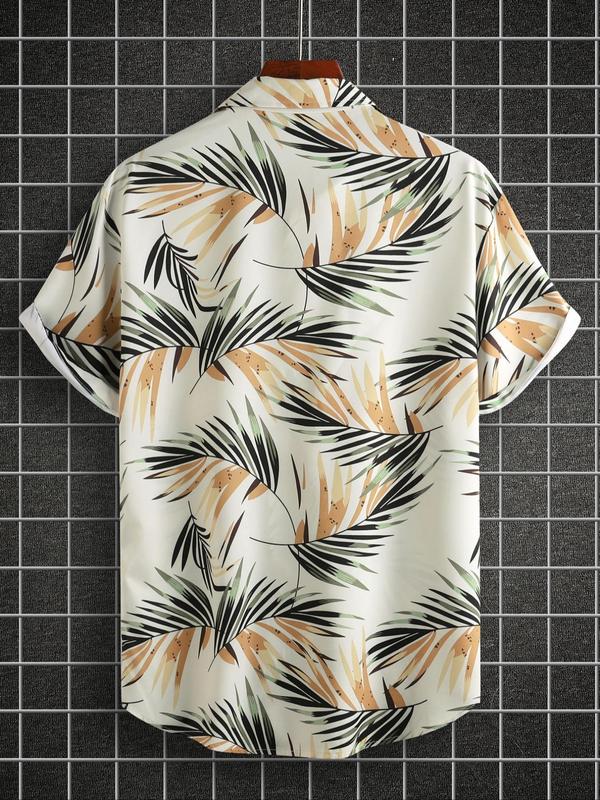 Men's Regular Fit Palm Leaf Print Pocket Button Front Shirt without Tee & Necklace, Boho Casual Short Sleeve Top for Beach Vacation, Menswear for Summer