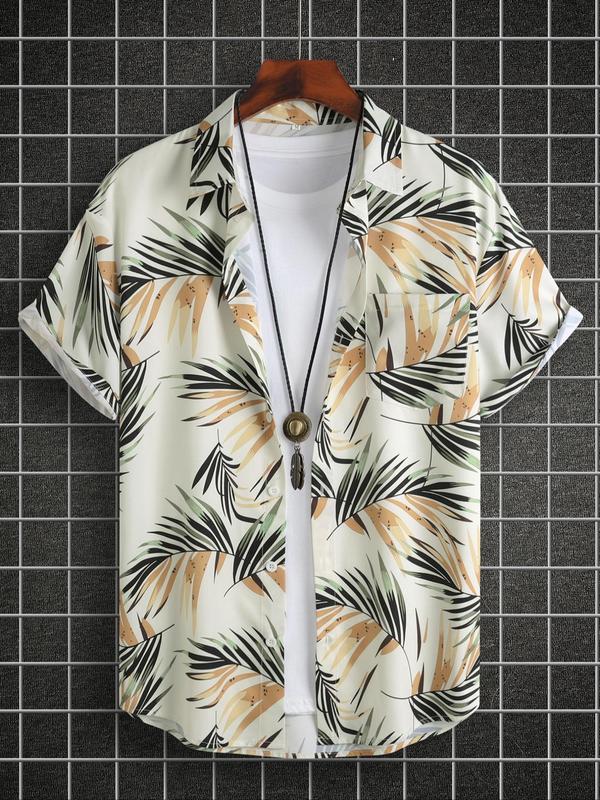 Men's Regular Fit Palm Leaf Print Pocket Button Front Shirt without Tee & Necklace, Boho Casual Short Sleeve Top for Beach Vacation, Menswear for Summer