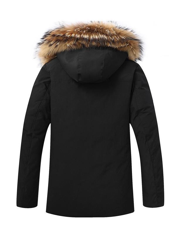 Men's Solid Color Contrast Faux Fur Trim Hooded Jacket, Casual Long Sleeve Button Zipper Outerwear for Fall & Winter, Men's Clothes for Daily Wear