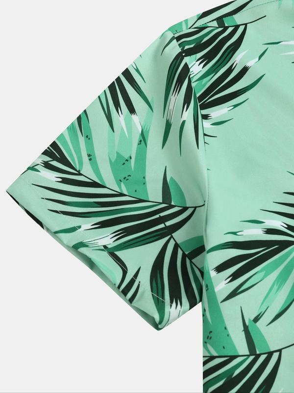 Men's Regular Fit Palm Leaf Print Pocket Button Front Shirt without Tee & Necklace, Boho Casual Short Sleeve Top for Beach Vacation, Menswear for Summer