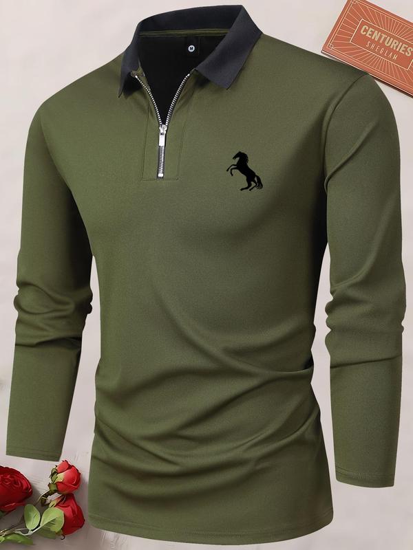 Men's Horse Print Quarter Zipper Polo Shirt, Streetwear Contrast Collar Longsleeves Polo Shirt, Polo Shirts Men, Men's Drippy Outfits, Stylish Going Out Outfit, Polo Clothes, Work Clothes for Office, Business Casual Outfits