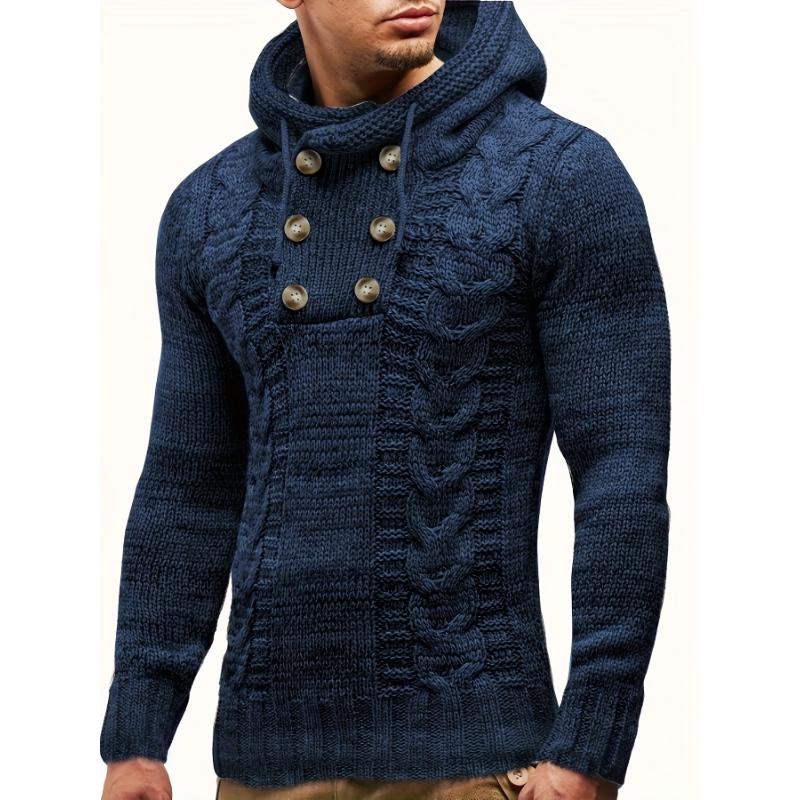 PLUS SIZE Mens Luxurious Hooded Knit Sweater with Button Detail - Super Comfy, Slightly Stretchy Casual Tops for Stylish Comfort - Premium Mens Clothing