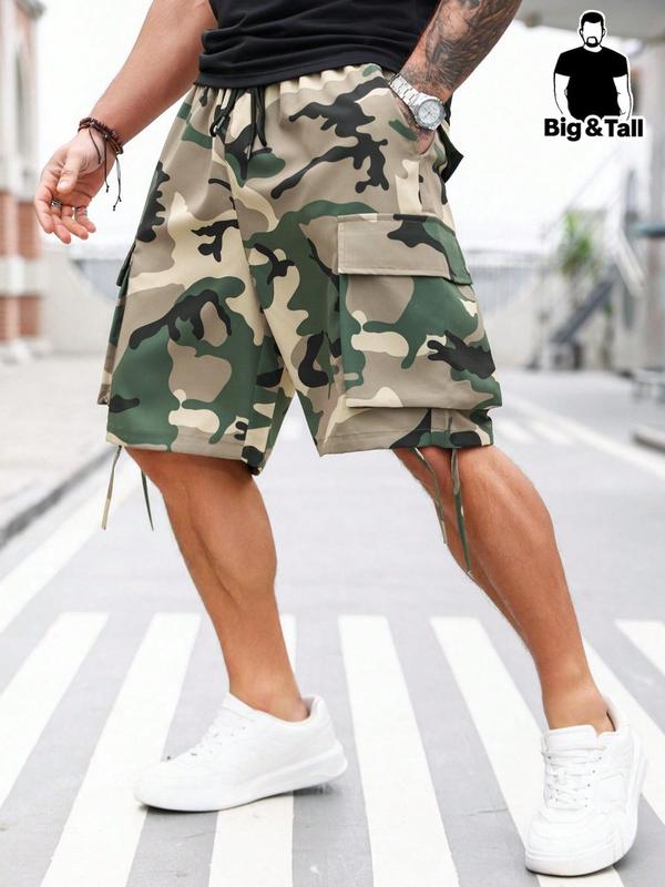 Men's Plus Size Camo Print Drawstring Waist Cargo Shorts, Casual Pocket Design Shorts for Summer, Jorts for Men,Streetwear, Loose Fit Bottoms for Daily Wear