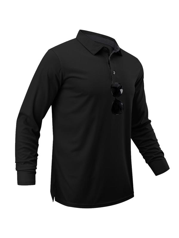 Men's Solid Long Sleeve Polo Shirt, Quick Drying Breathable Casual Comfy Collared Top for Golf, Men's Clothes for Spring & Fall