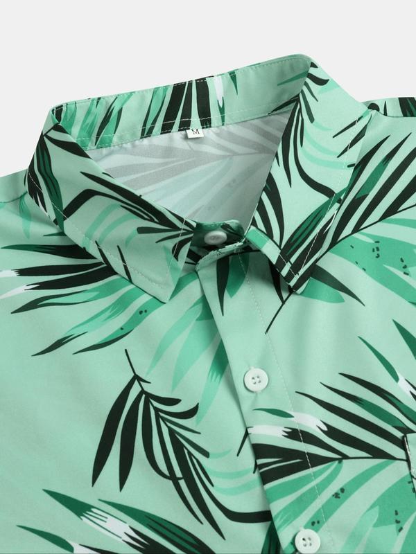 Men's Regular Fit Palm Leaf Print Pocket Button Front Shirt without Tee & Necklace, Boho Casual Short Sleeve Top for Beach Vacation, Menswear for Summer