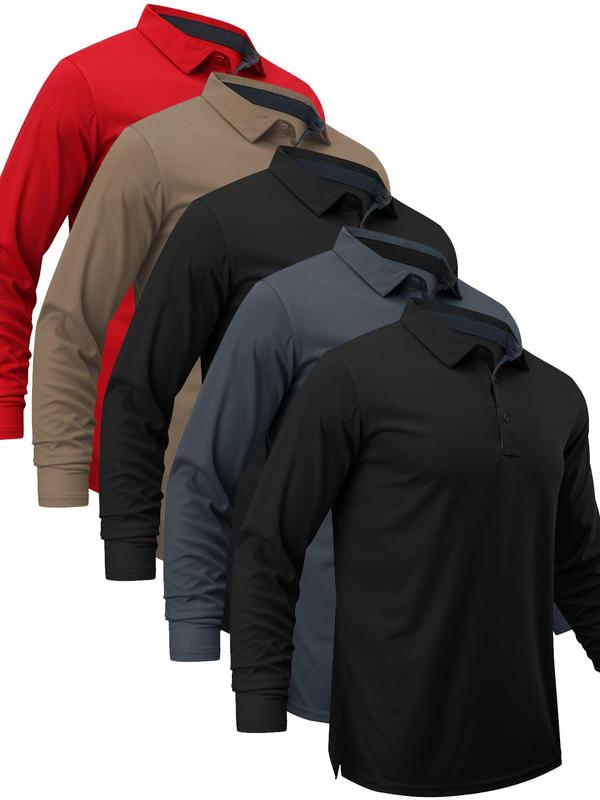 Men's Solid Long Sleeve Polo Shirt, Quick Drying Breathable Casual Comfy Collared Top for Golf, Men's Clothes for Spring & Fall