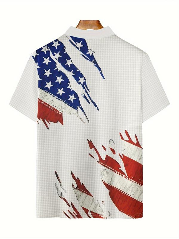 Men's Regular Fit American Flag Print Polo Shirt, Casual Short Sleeve Button Top for Summer, Fashion Men's Clothes for Daily Wear