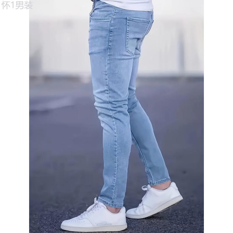 Light Ankle-Length Slim Fit Denim Jeans, Men's Casual Slightly Stretch Fashion Street Wear For Everyday Outfits Menswear Polyester