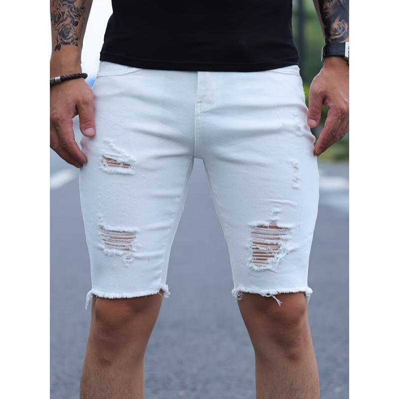 Slim Fit Ripped Denim Shorts, Men's Casual Street Style Medium Stretch Ripped Denim Shorts, Summer