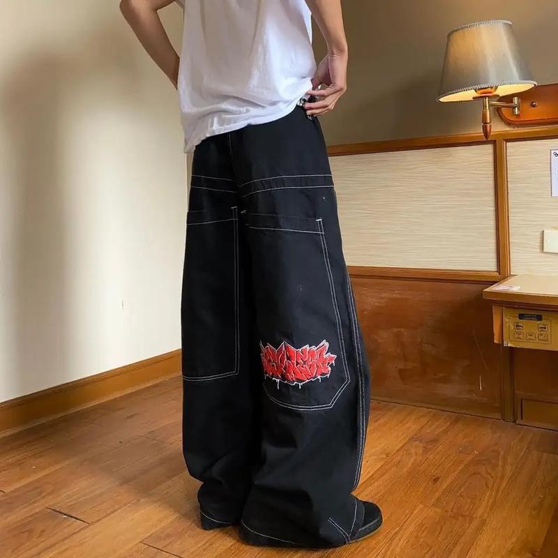 High street fashion casual street pattern embroidered jeans hip hop loose wide leg jeans Menswear Man Streetwear Trouser