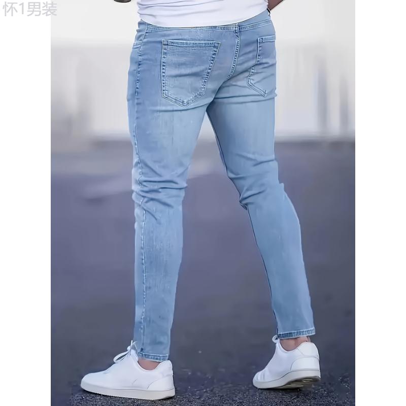 Light Ankle-Length Slim Fit Denim Jeans, Men's Casual Slightly Stretch Fashion Street Wear For Everyday Outfits Menswear Polyester