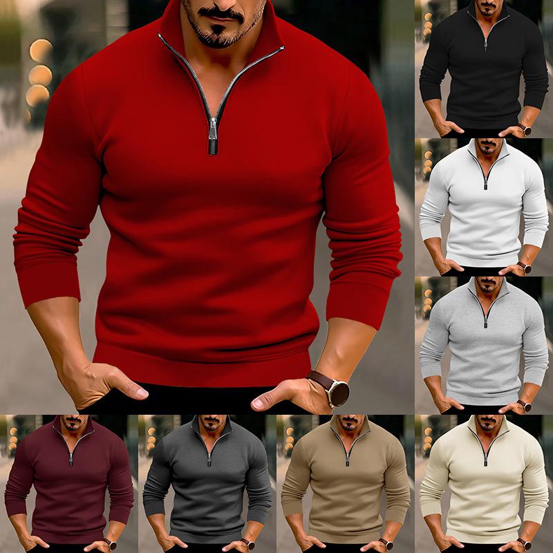 New Men's Casual Solid Color Long Sleeve Half Zipped Stand Collar T-shirt Top Men's Fashion Casual Hot Style