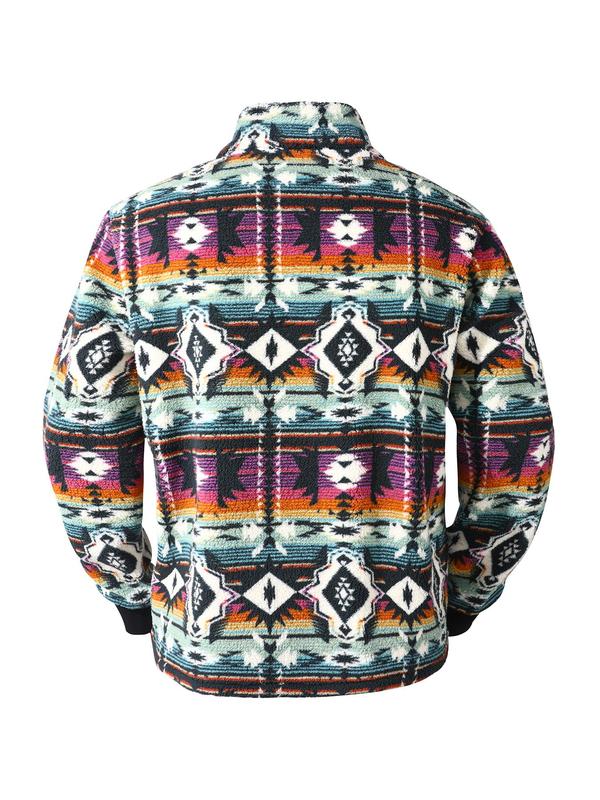 Men's Ethnic Pattern Half Button Flap Pocket Polar Fleece Sweatshirt, Loose Casual Long Sleeve Stand Collar Pullover for Fall & Winter, Men's Clothes for Daily Wear, Boyfriend Gifts