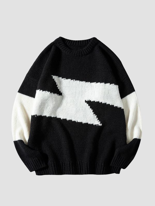 Men's Colorblock Lightning Print Drop Shoulder Sweater, Regular Fit Casual Long Sleeve Round Neck Jumper for Fall & Winter, Fashion Men's Knitwear for Daily Wear