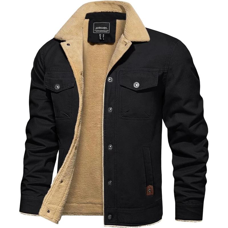 Men's Sherpa Lined Trucker Jacket Lapel Cotton Cargo Jacket Casual Button Military Jacket Warm Winter Parka