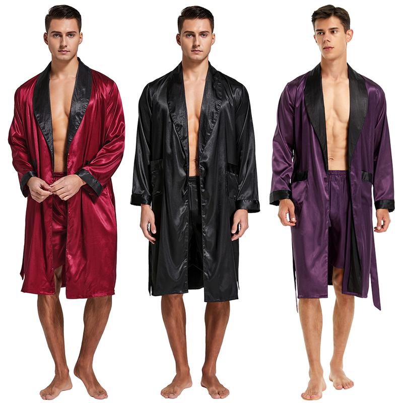 Tony & Candice Men's Satin Robe Lightweight Long Sleeve Silk Kimono Bathrobe with Shorts Set Sleepwear