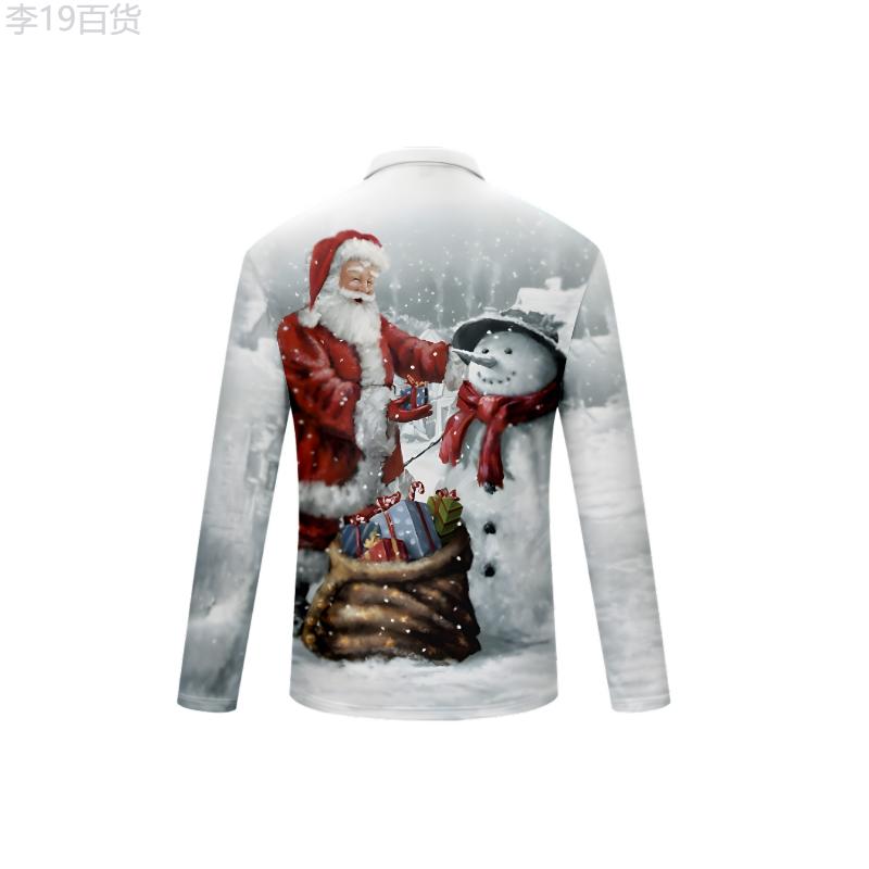 Unique Anime Graphic Print Santa Claus and Snowman Novelty Polo Shirt - Men's Long Sleeve Zipper Lapel Shirt for Spring and Fall, Perfect Christmas Gift Idea Fabric Menswear Fabric Menswear Top Collar Polyester Stretch