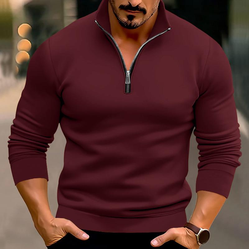 New Men's Casual Solid Color Long Sleeve Half Zipped Stand Collar T-shirt Top Men's Fashion Casual Hot Style