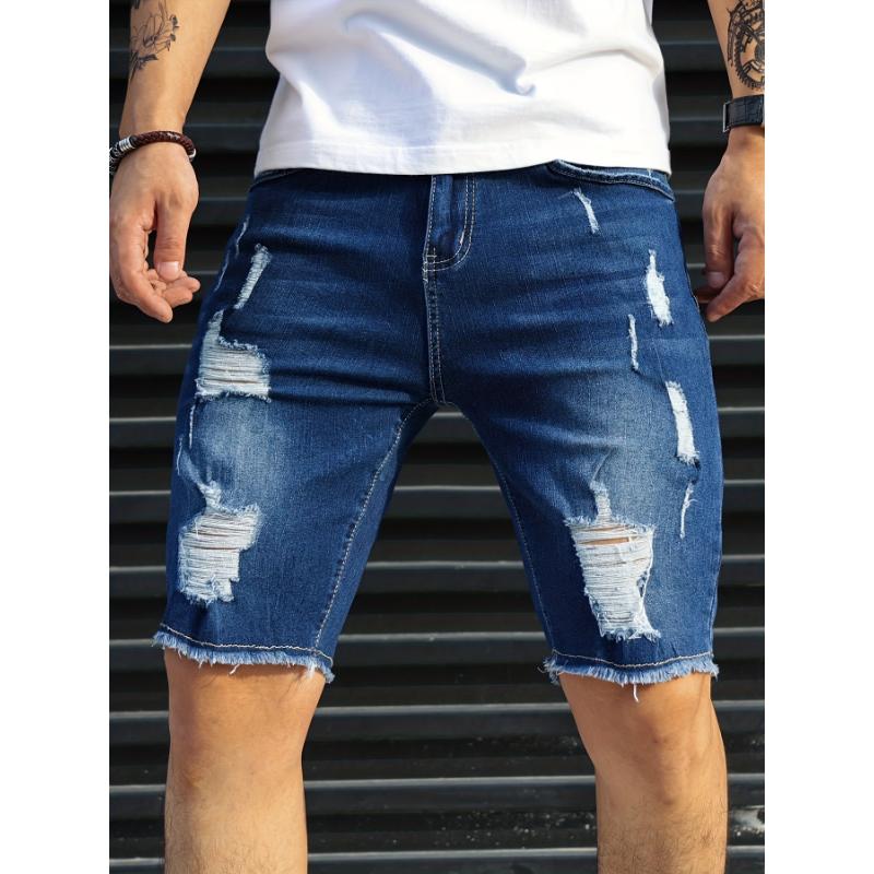 Slim Fit Ripped Denim Shorts, Men's Casual Street Style Medium Stretch Ripped Denim Shorts, Summer