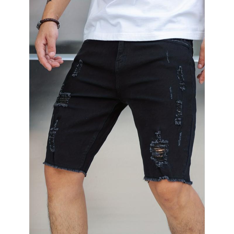 Slim Fit Ripped Denim Shorts, Men's Casual Street Style Medium Stretch Ripped Denim Shorts, Summer