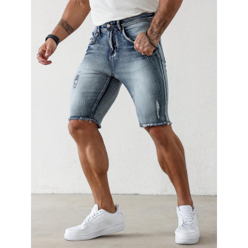 Slim Fit Ripped Denim Shorts, Men's Casual Street Style Medium Stretch Ripped Denim Shorts, Summer